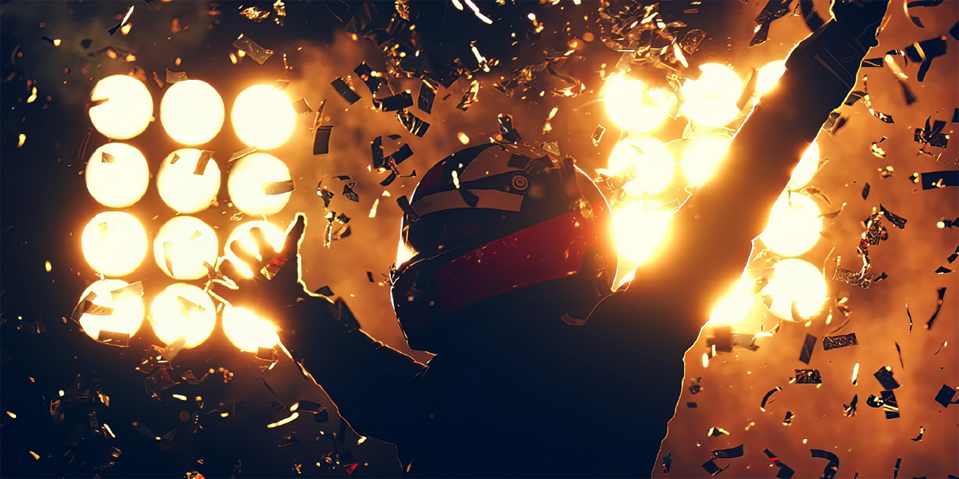 A race car driver celebrating victory, arms raised amidst confetti and bright stage lights in a dramatic backdrop.
